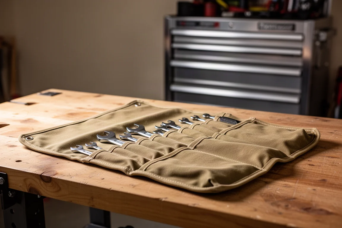 Pochette à clés portable ouverte sur un établi de garage à côté d'une caisse à outils