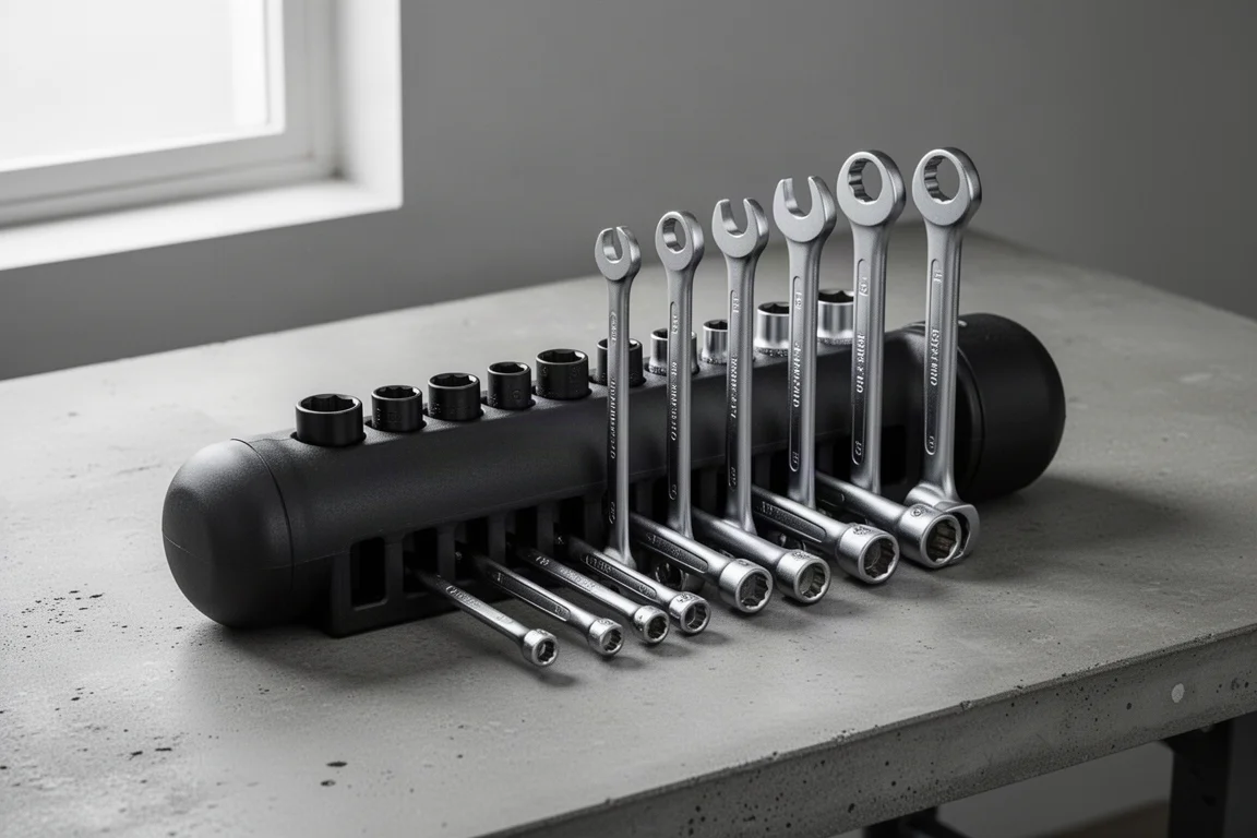 Plastic wrench holder tube with metric wrenches inserted, on a concrete workbench