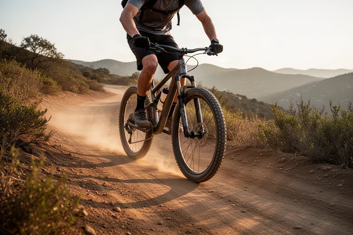 Cross-Country-Mountainbiker erklimmt bei Goldener Stunde einen staubigen Serpentinen-Trail