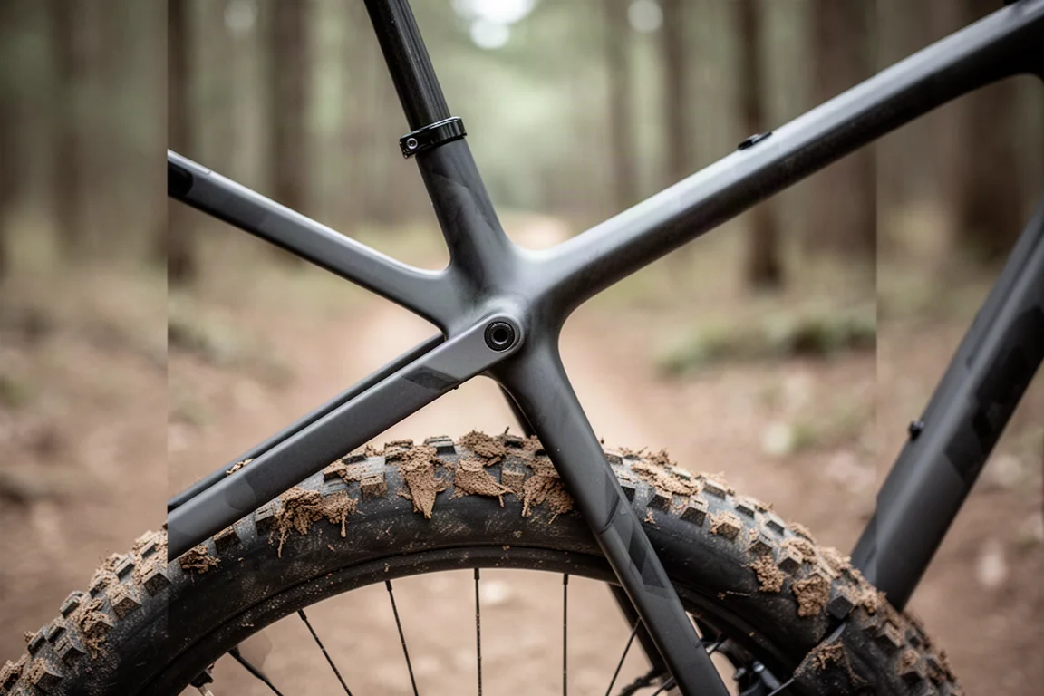 Detail eines Carbon-Hinterdreiecks und der Flex-Stays an einem verschlammten Cross-Country-Bike