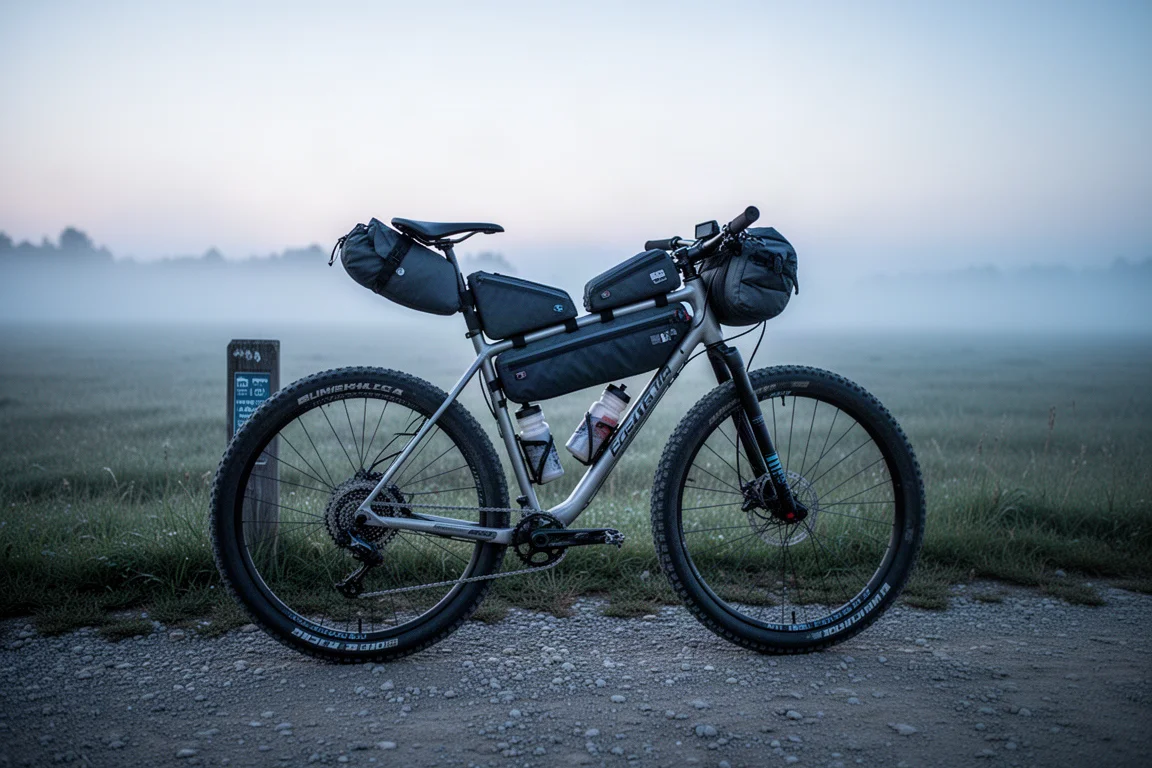 Rahmentaschen an einem Mountainbike am Trailhead vor Sonnenaufgang