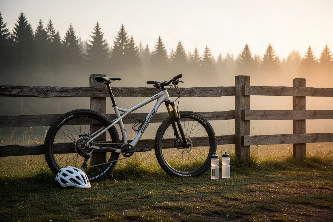 Mountainbike lehnt bei Sonnenaufgang an einem Holzzaun, der Helm liegt daneben