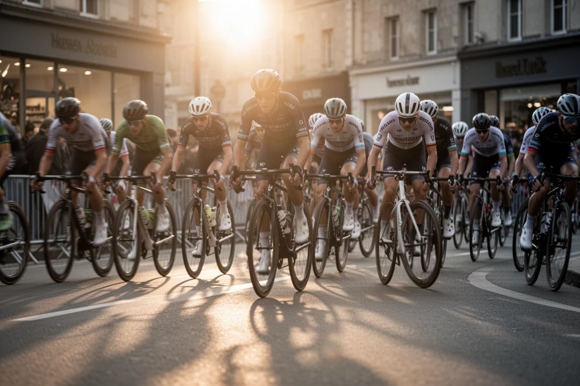 Amateurwielrenners tijdens een criterium op een afgesloten stratencircuit in het gouden uur