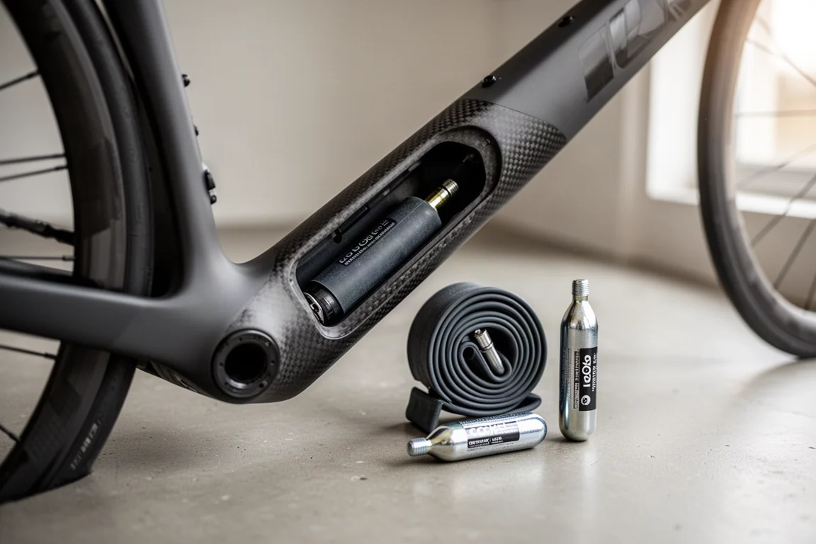 Geopend opbergvak in de onderbuis van een racefiets met binnenband en CO2-patroon