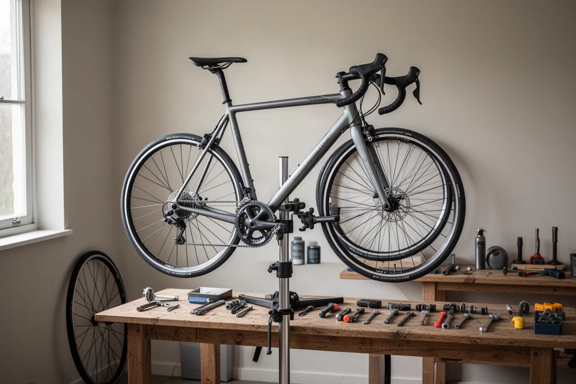 Racefiets op een reparatiestandaard in een thuiswerkplaats met gereedschap op een houten werkbank
