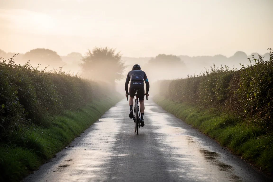 Wielrenner op een racefiets op een mistig landweggetje bij zonsopgang