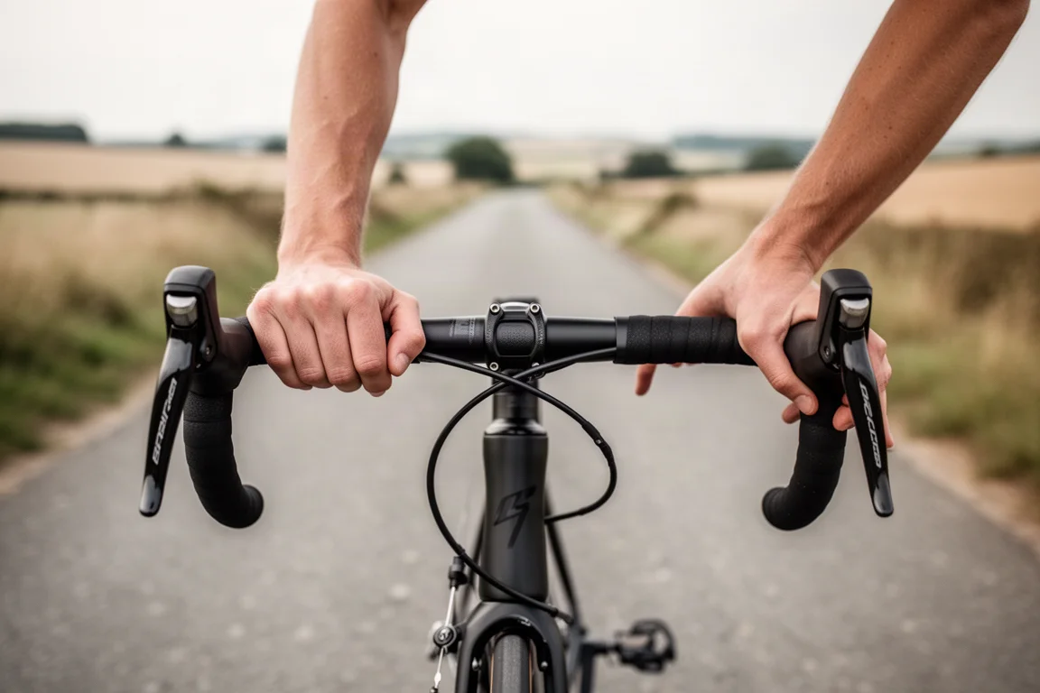 Close-up of a rider's hands resting on a road bike handlebar in a relaxed position