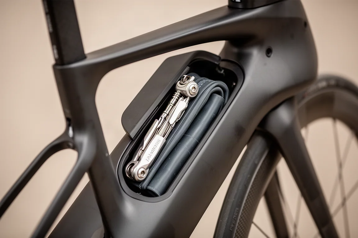 Detail of a storage hatch on the down tube of a carbon road bike frame