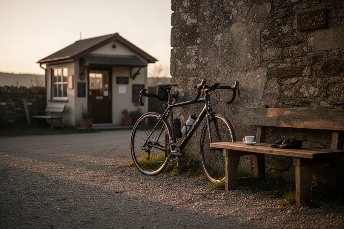 Road bike leaning against a stone wall at a rural cafe stop after a long ride
