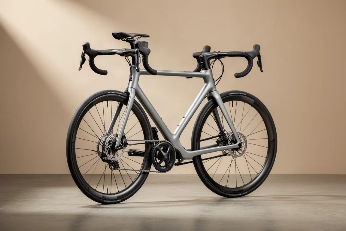 Lättvikts-aeroracercykel med integrerad cockpit mot en neutral grå bakgrund