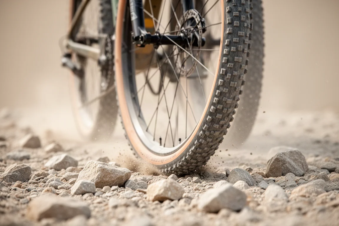 Close-up van een brede gravelband met noppen in een carbonvork met royale speling
