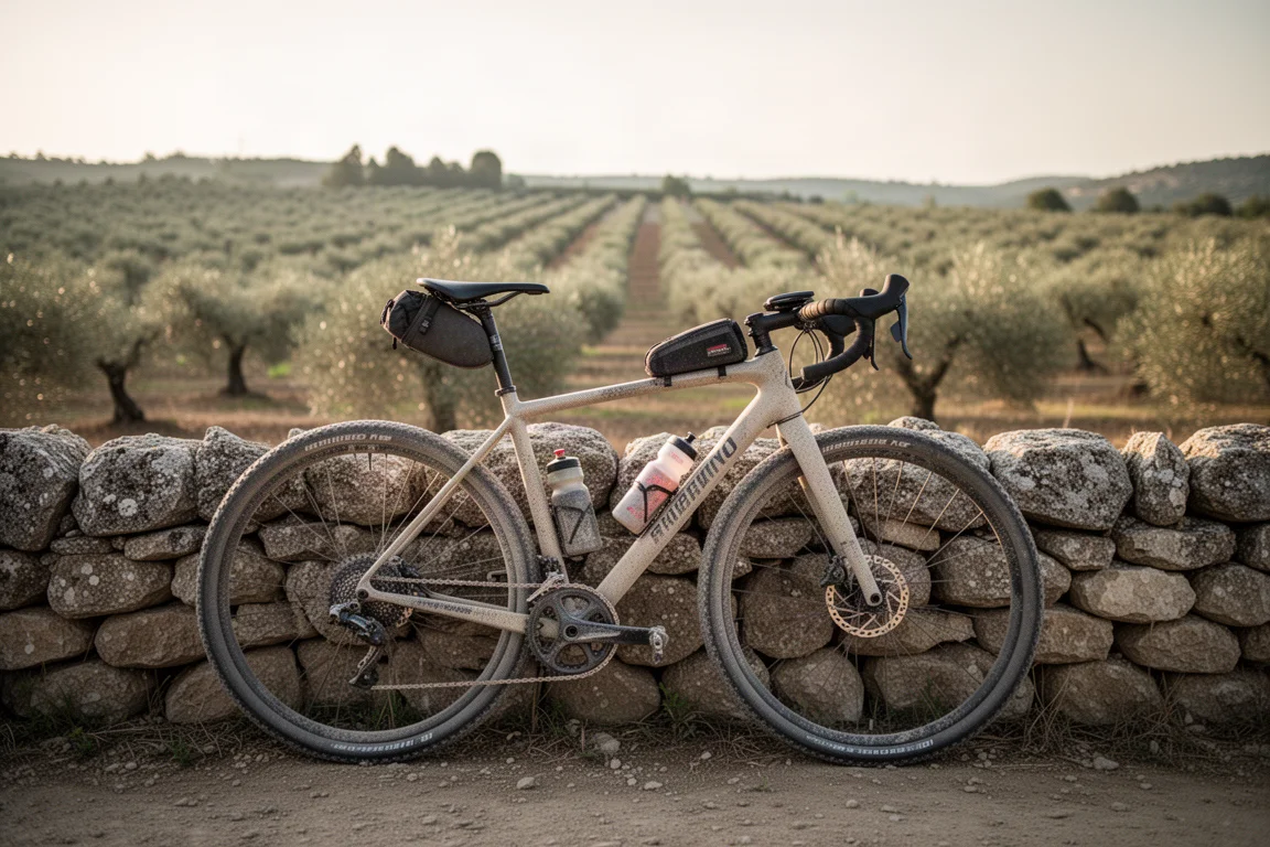 Stoffige gravelfiets leunt na een lange rit tegen een stenen muur in het licht van de late middag