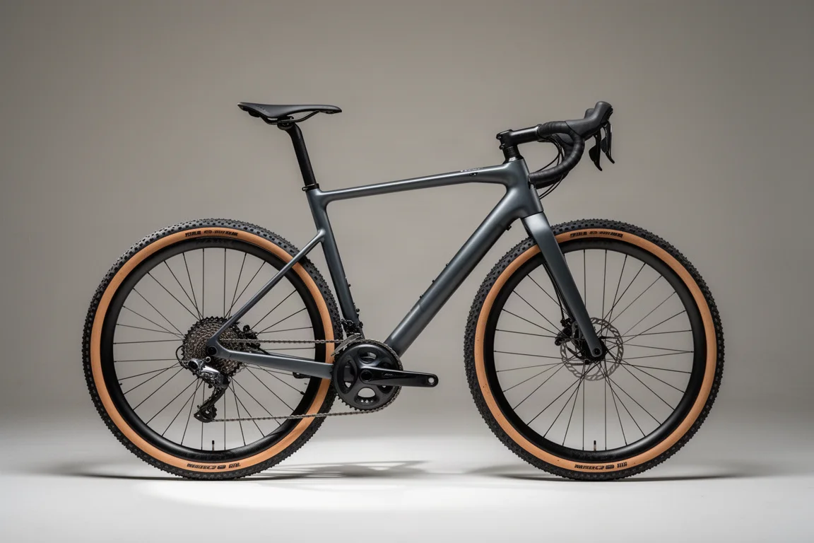 Kolfibergravelcykel för tävling med breda däck och förvaring i underröret fotograferad på ett betonggolv
