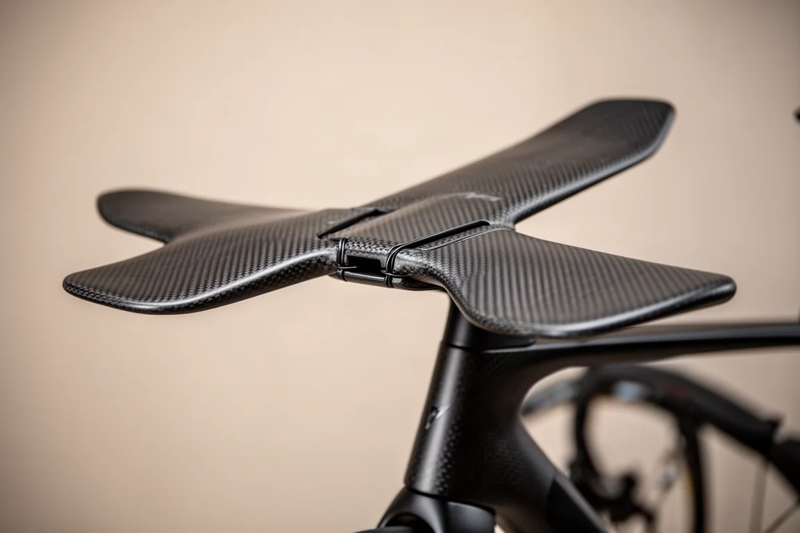 Närbild på vevpartiområdet på en racercykel som visar breda platta aerodynamiska rör