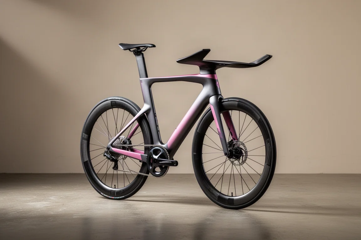 Matte black aero road racing bicycle with deep-section carbon wheels on concrete