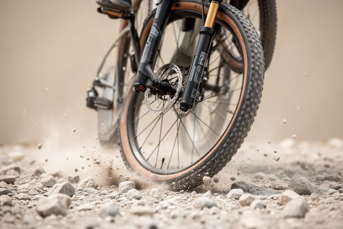 Close-up van een gravelvoorvork met vering die over los, uitgespoeld grind rolt