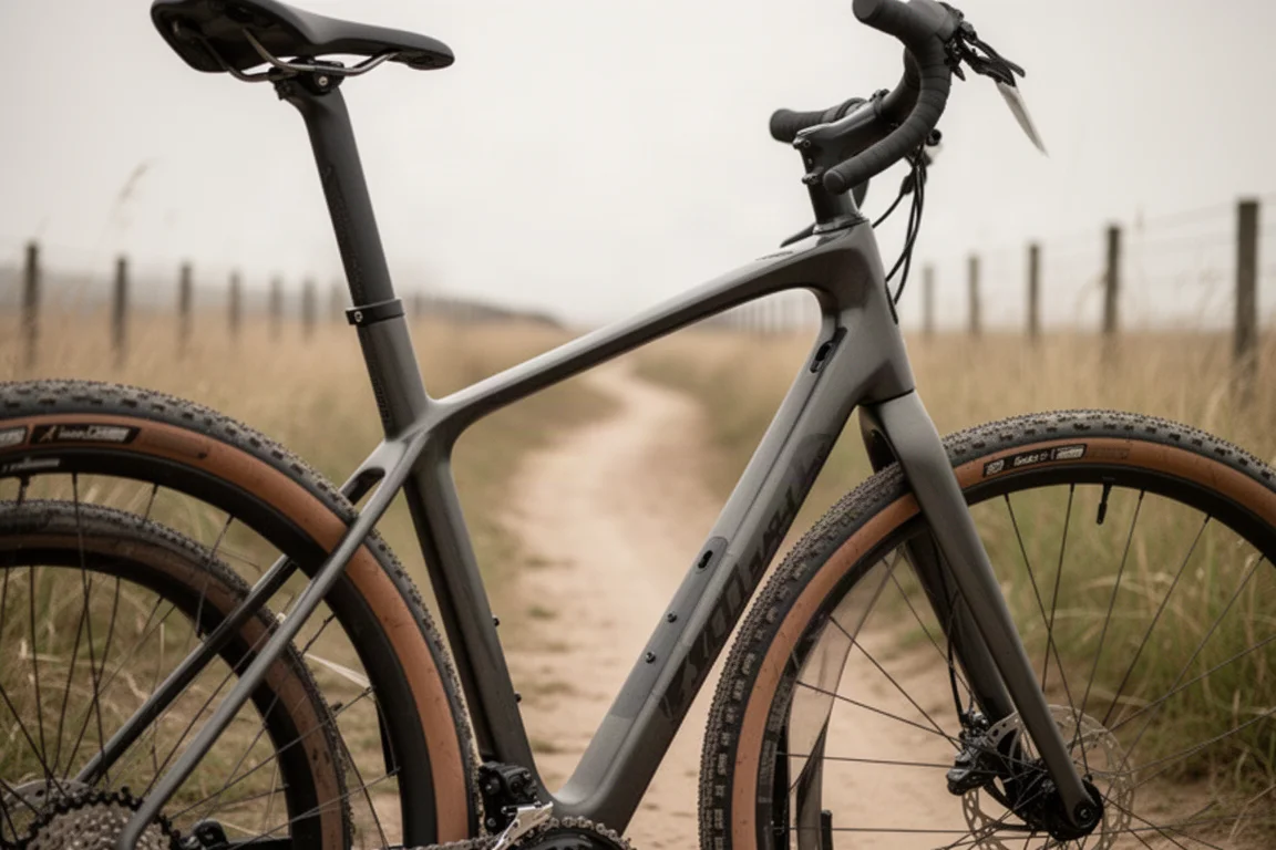 Achterdriehoek en verlaagde seatstays van een carbon gravelbike op een stoffig pad