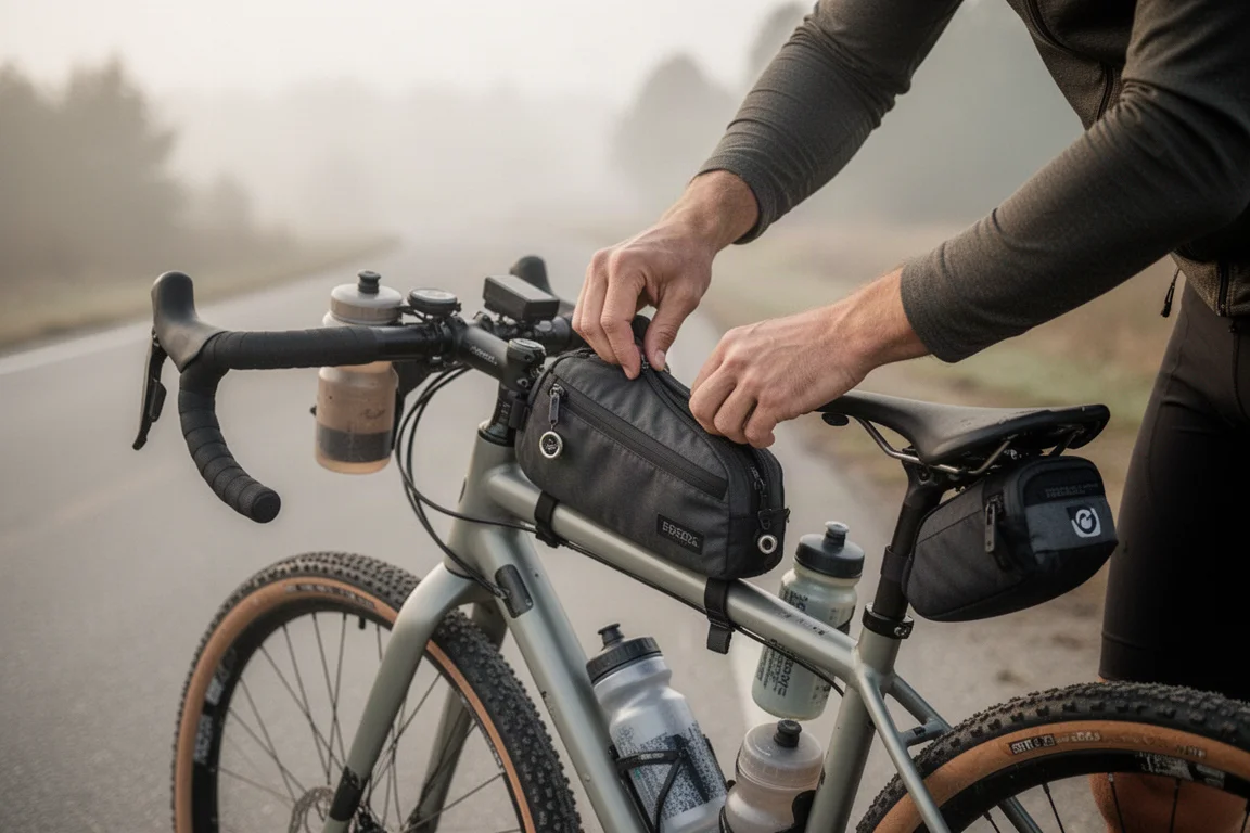 Fietser stelt een vastgeschroefde frametas af op een gravelbike voor een lange rit