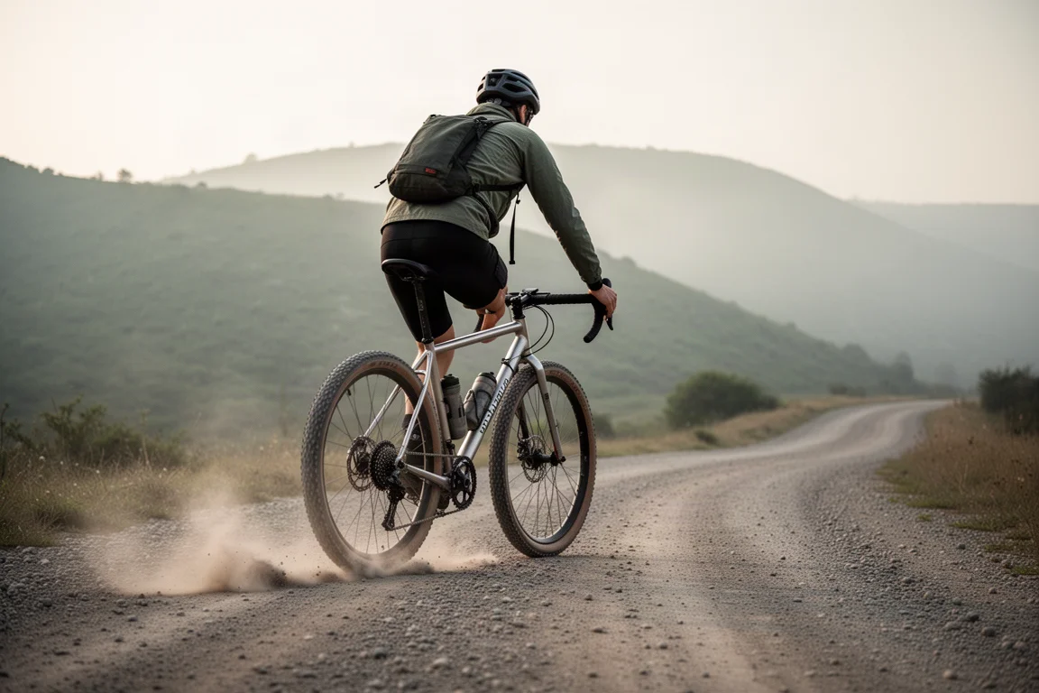 Gravel cyclist riding a steel bike on a remote road in morning mist