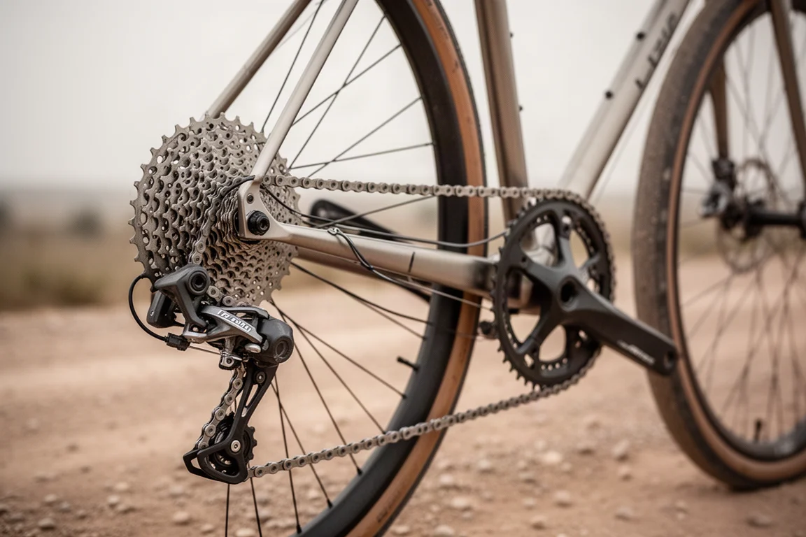 Close-up of a 1x gravel drivetrain with rear derailleur and cassette