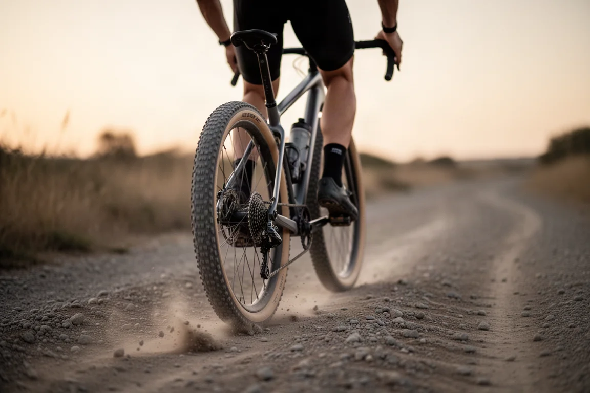 Gravel rider descending a washboard track at dusk, rear wheel in focus