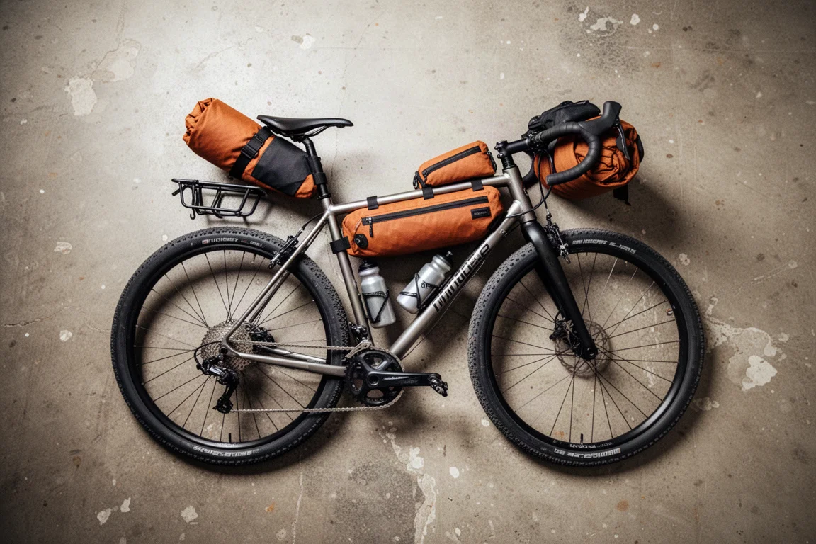 Overhead flat-lay of a loaded steel gravel bike with frame bag and bottles