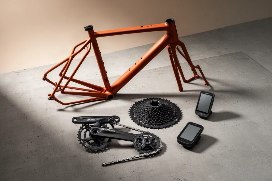 Bränd orange gravelram, 1x-gruppset och GPS-cykeldator arrangerade på betong