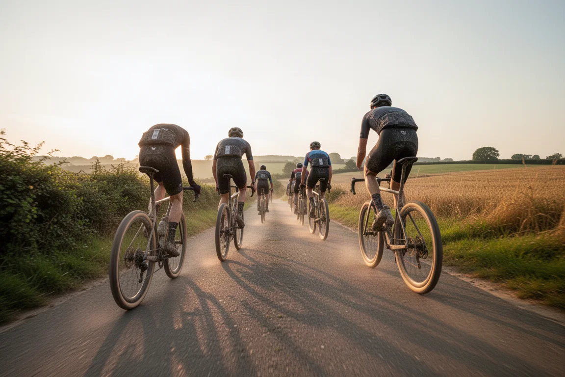 Grupo de ciclistas de grava saliendo de una ciudad hacia caminos rurales abiertos al amanecer