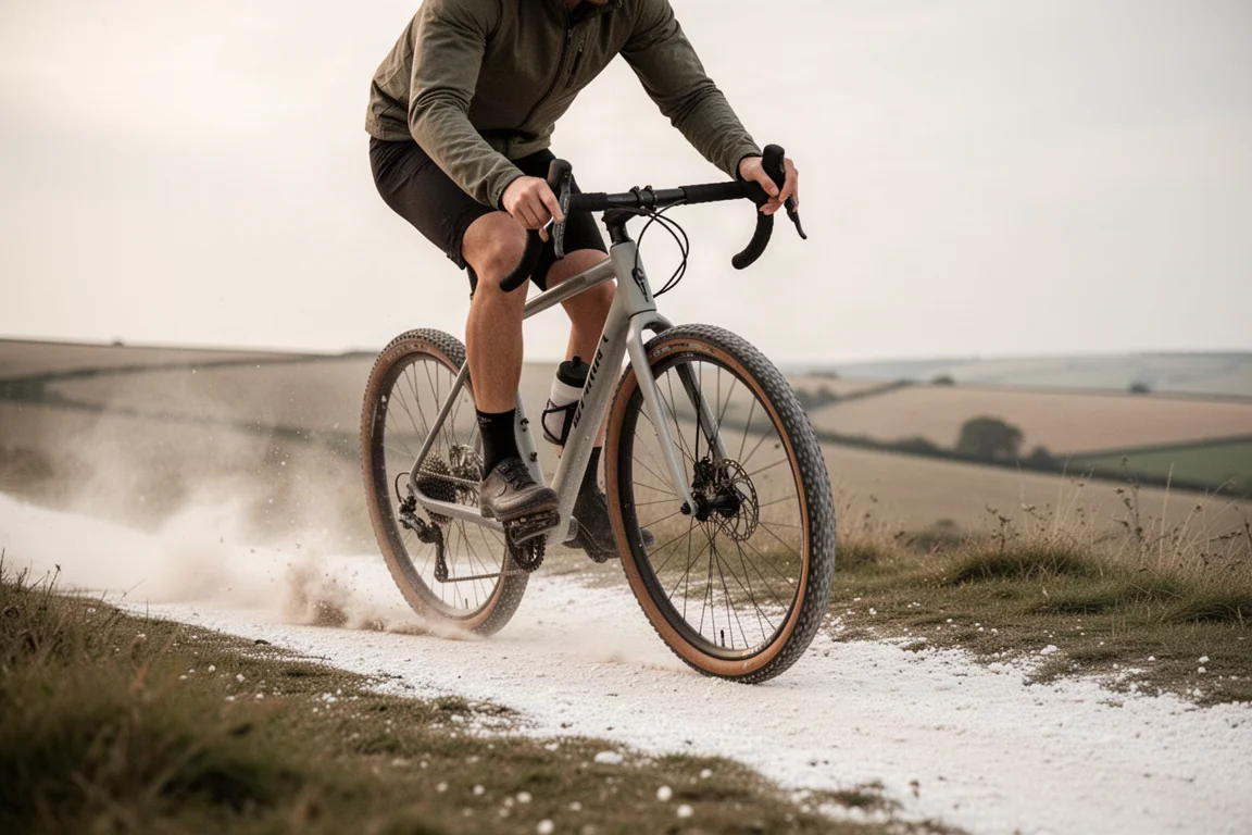 Bicicleta de grava con manillar drop inclinándose en una curva suelta sobre una pista calcárea de cresta