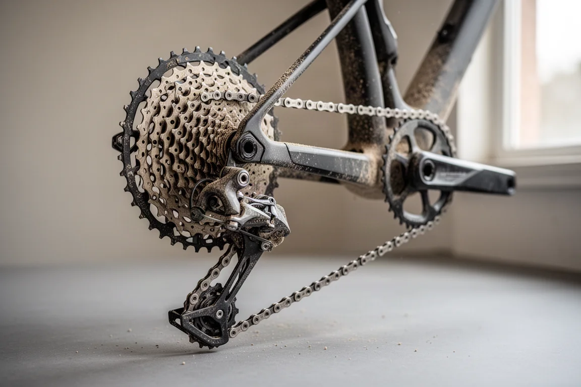 Detalle cercano de un casete de bicicleta de grava de amplio rango, cadena y plato único
