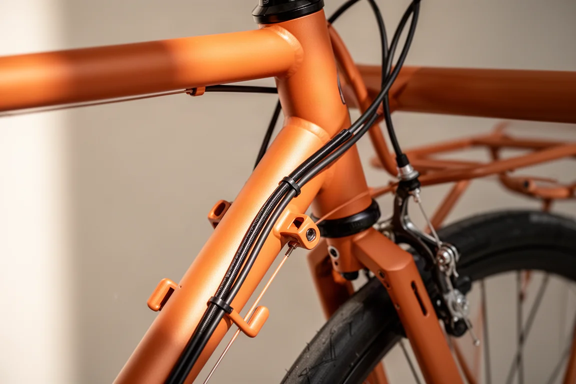 Närbild på externt dragna vajrar som löper längs nedre röret på en stålcykel