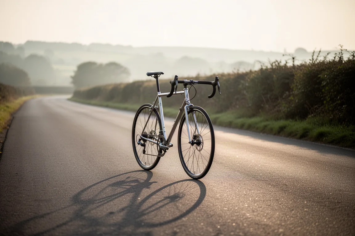 Vélo de route en acier roulant sur un bitume lisse dans une douce lumière matinale
