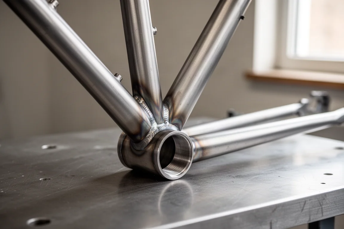 Gros plan sur les tubes d’un cadre en acier brut non peint et sur le boîtier de pédalier
