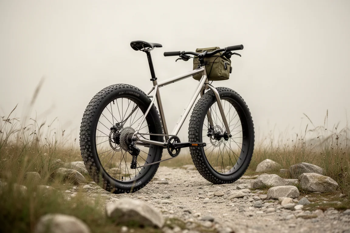 Vélo gravel aux pneus larges avec une sacoche avant sur une piste de gravier meuble