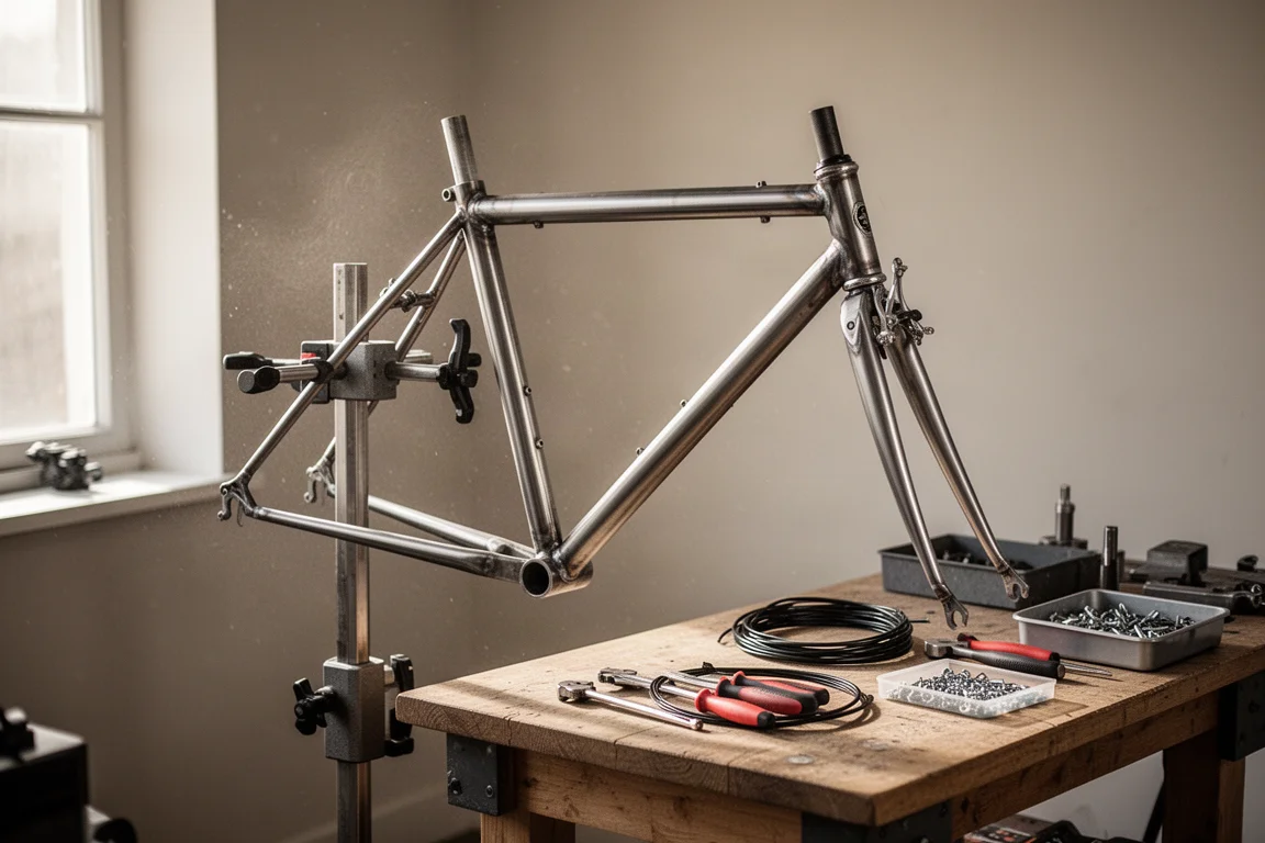 Cadre de vélo en acier sur un pied de réparation dans un atelier bien rangé