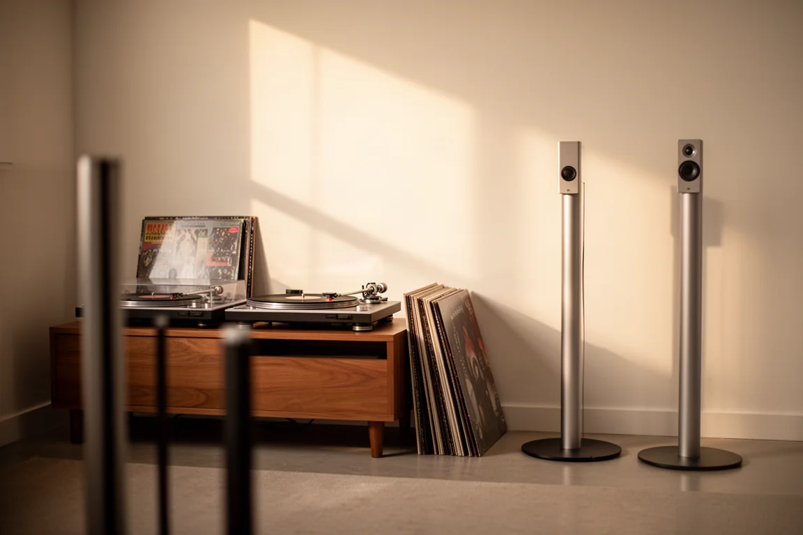 Kleine luisterruimte met een platenspeler, vinylplaten en twee slanke luidsprekerstandaards in warm namiddaglicht