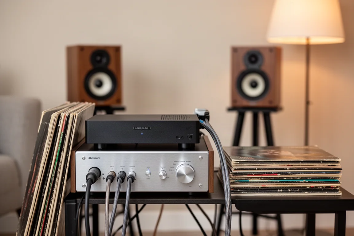 Compact hifi-rek met een kleine versterker, luidsprekerkabels, platen en twee stand-mount luidsprekers in een huiselijke kamer