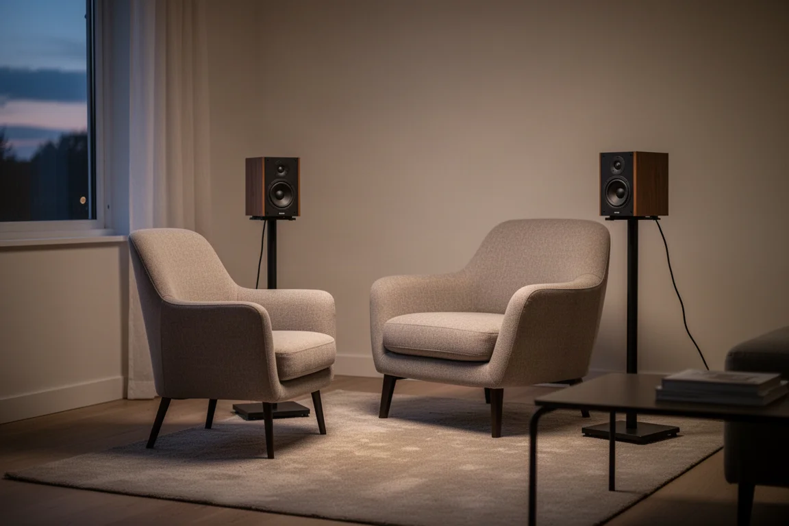 Fauteuil gericht op twee compacte stand-mount luidsprekers op slanke standaards in een kleine woonkamer bij schemering