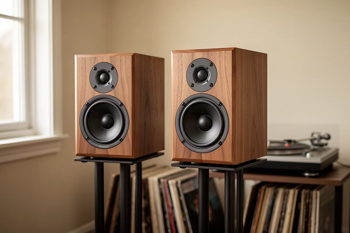 Pair of walnut stand-mount speakers on slim stands in a small listening room