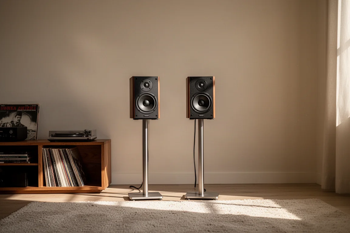Compact stand-mount speakers on stands in a warmly lit living room with vinyl records nearby