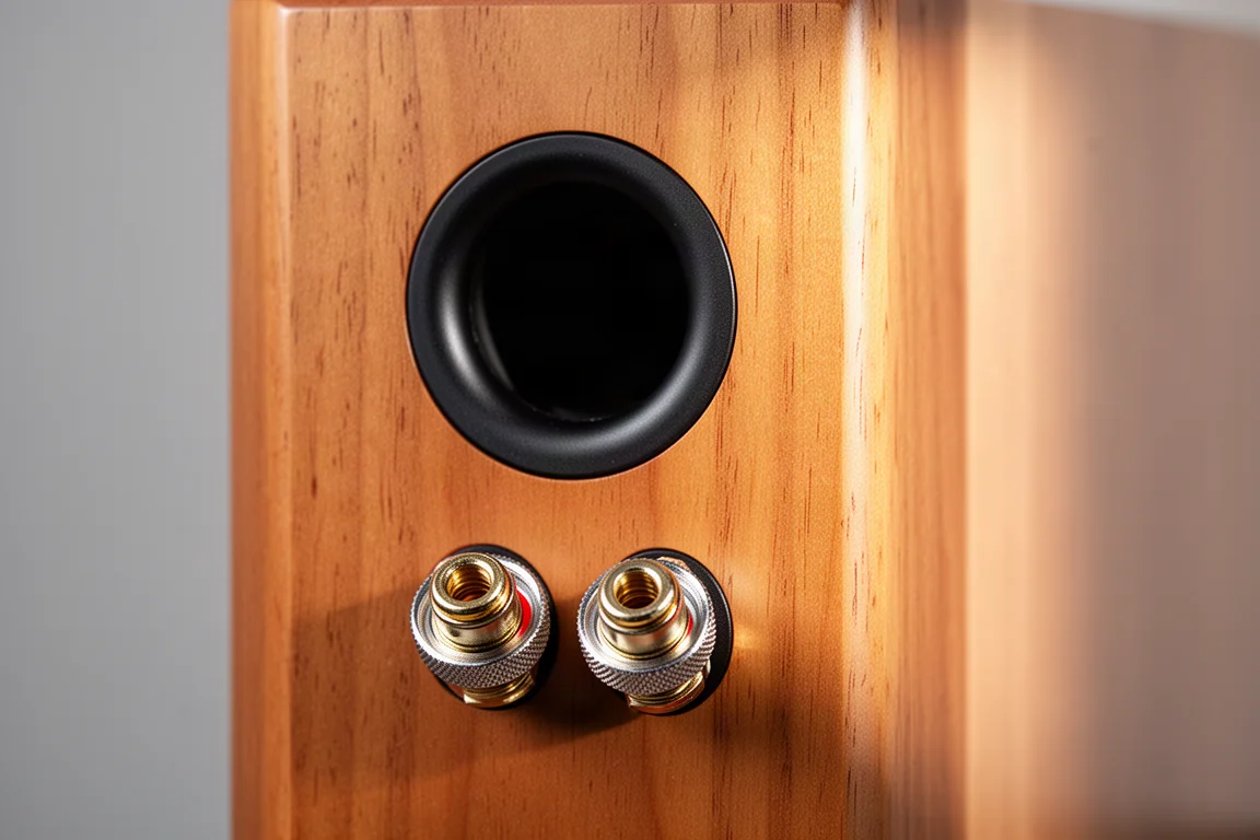 Close-up of a rear bass port and binding posts on a real wood speaker cabinet