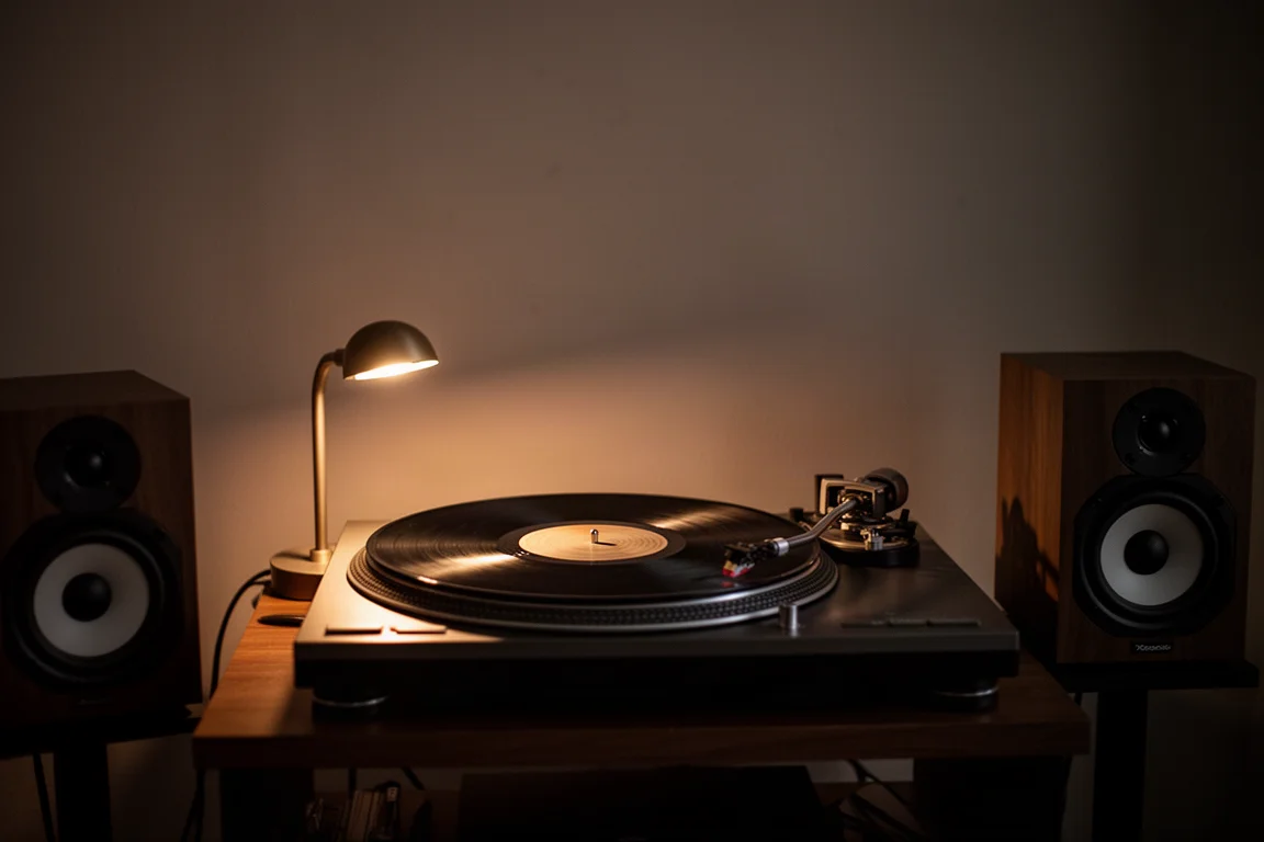 Dimly lit evening listening room with a turntable and speakers at low volume