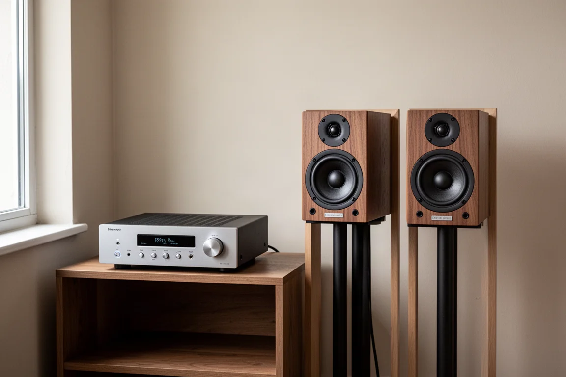 Small integrated amplifier and stand-mount speakers with clear space behind the cabinets