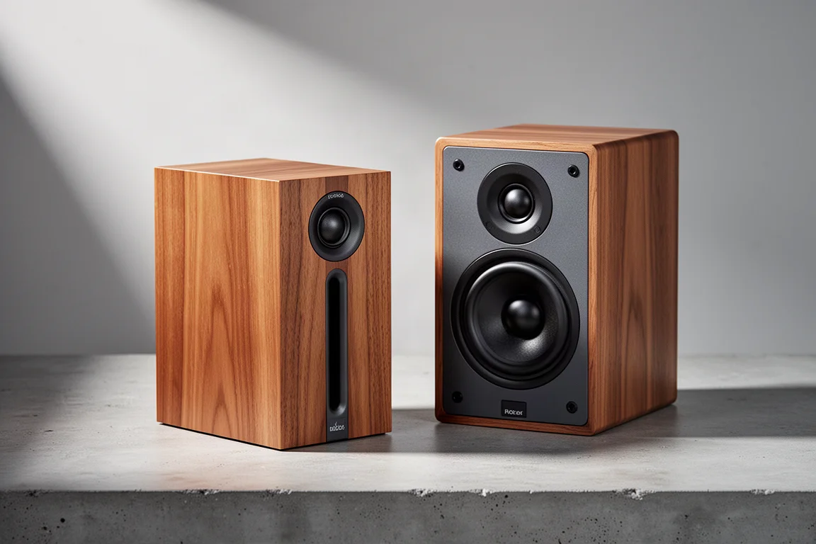 Pair of compact two-way stand-mount speakers with satin wood veneer cabinets on concrete