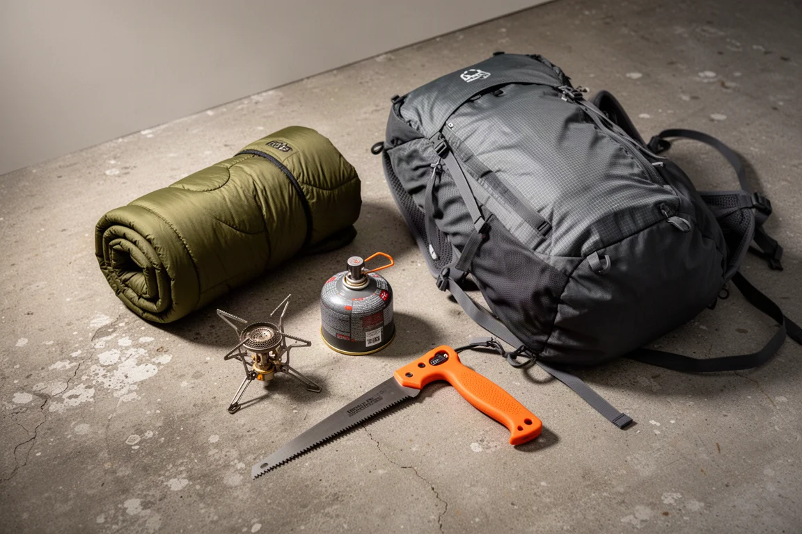 Fall backpacking gear on concrete: synthetic quilt, canister stove, folding saw and ultralight pack