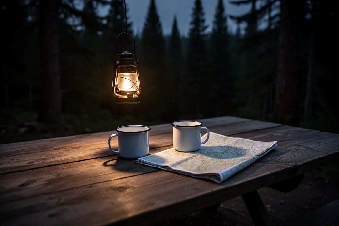 Ovanifrån liggande arrangemang av en halsduk, sittunderlag, pannlampa och snöre på ett träbord