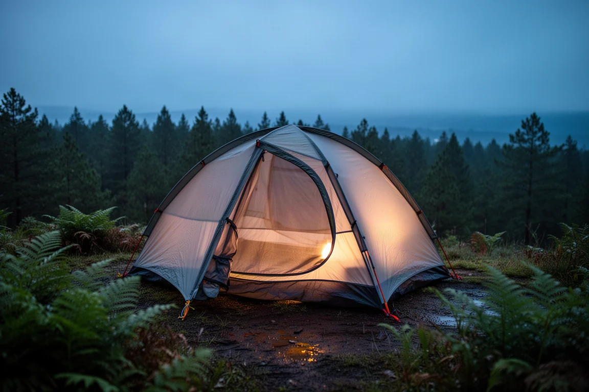 Mochileiro com uma camada intermediária com capuz em um acampamento frio ao anoitecer ao lado de uma barraca