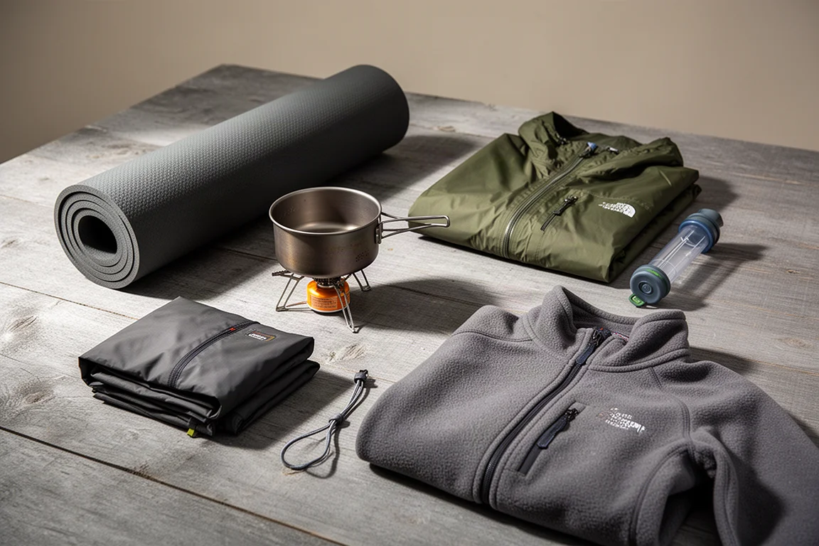 Overhead arrangement of cold-weather backpacking gear on a concrete surface