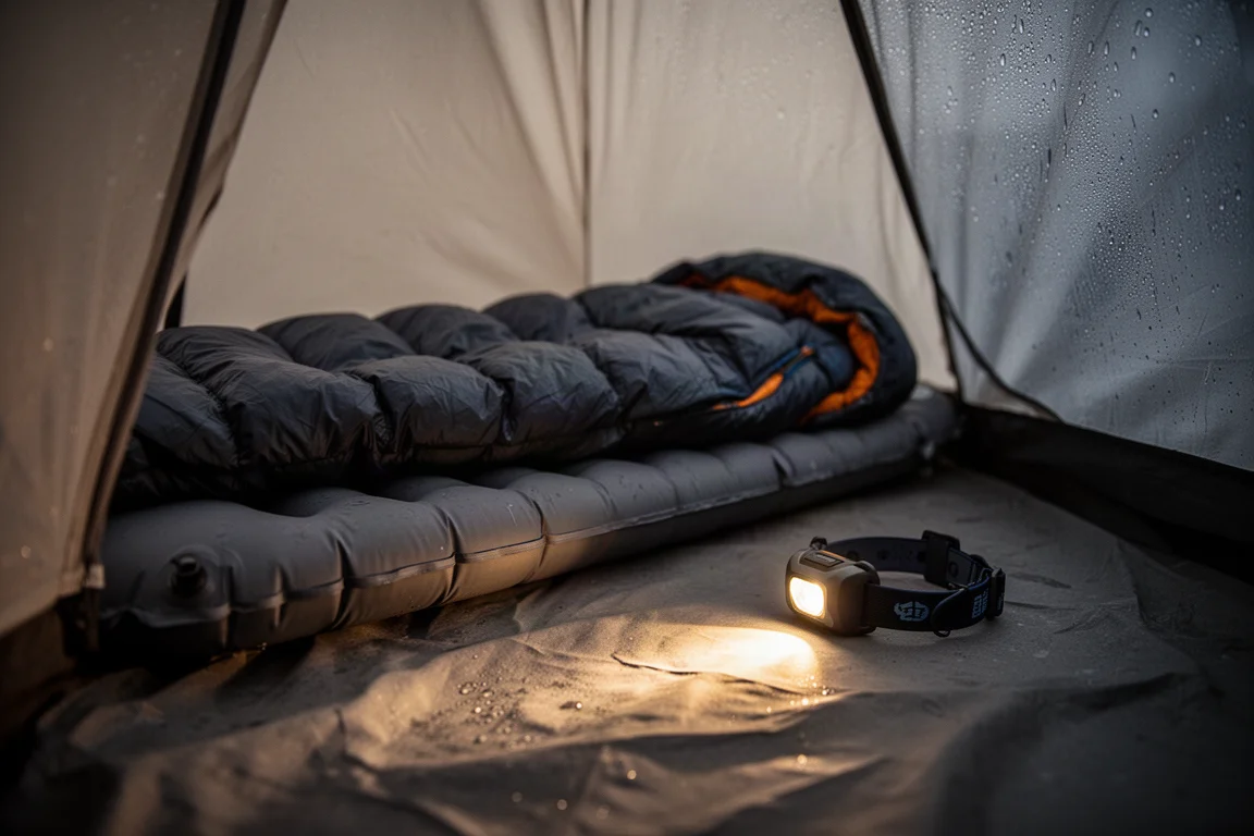 Slaapmatje en donsslaapzak in een onderkomen verlicht door een hoofdlamp in de nacht