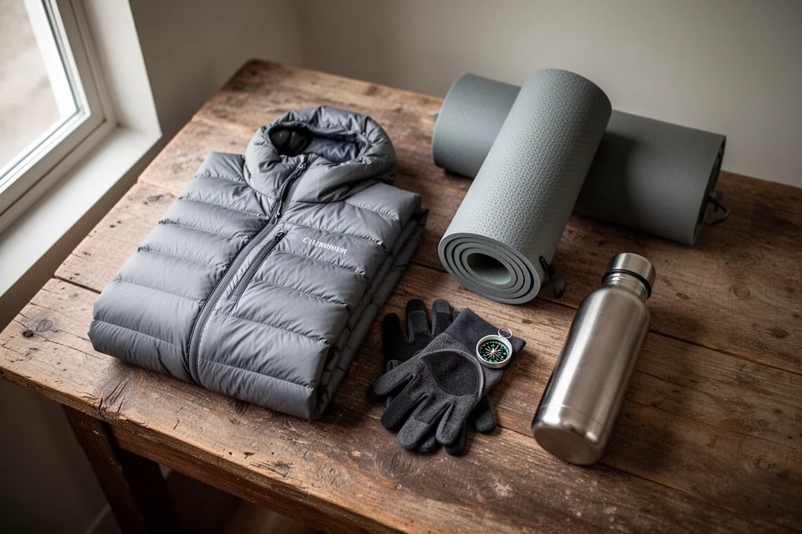 Flat-lay van essentiële koudweer-backpackspullen op verweerd hout